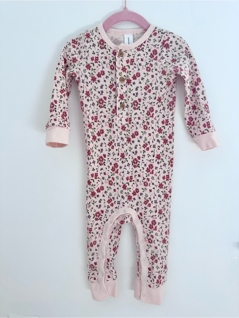 Pink Floral Long Sleeve Waffle One Piece Sleeper Size 18 Months